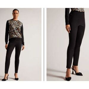 Ted Baker Liroi High Waisted Stretch Trousers Side Button Detail Black Size 0